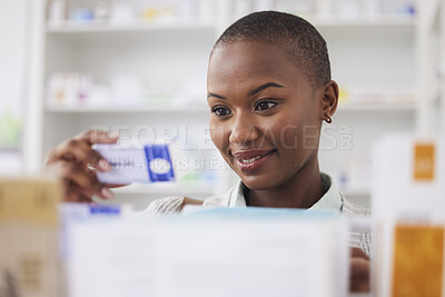 Buy stock photo Medicine, pills and shopping with black woman in pharmacy for medical, search and information. Healthcare, product and retail with female customer and box for inventory, wellness and supplements
