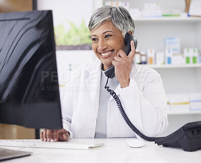 Buy stock photo Pharmacist, telephone and computer for prescription with woman in conversation for retail healthcare. Chemist, working and pharmacy on computer with customer service or medicine with telehealth.