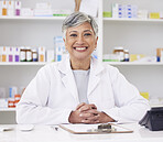 Pharmacy, happy and portrait of consulting woman for medicine, service or emergency healthcare. Smile, doctor and a mature female pharmacist in a career as a pills distribution consultant at a clinic