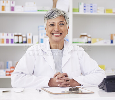 Buy stock photo Pharmacy, happy and portrait of consulting woman for medicine, service or emergency healthcare. Smile, doctor and a mature female pharmacist in a career as a pills distribution consultant at a clinic