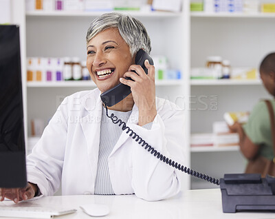 Buy stock photo Pharmacist, conversation and customer service with telephone for call with computer. Female chemist, working and online for communication for job with tech for help with medicine at drugstore.