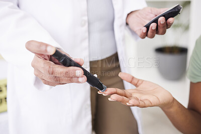 Buy stock photo Finger, doctor and patient with lancet for diabetes, blood test or results or sugar level at clinic in closeup. Nurse, hands and injection for glucose, exam or inspection for healthcare in hospital