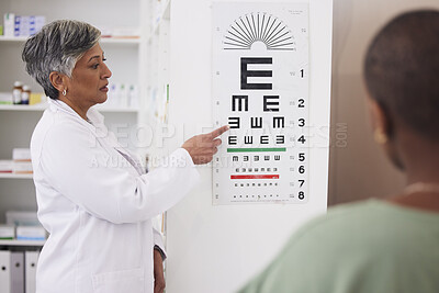 Eyesight test, optometry and vision, eye care and health with chart, senior woman doctor and patient. Ophthalmology, focus and healthcare, female people in optometrist clinic and medical diagnosis