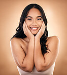 Portrait, happy woman and skincare touch for beauty isolated on a brown background in studio. Face, natural cosmetics and smile of model with spa treatment for aesthetic, wellness and skin health.