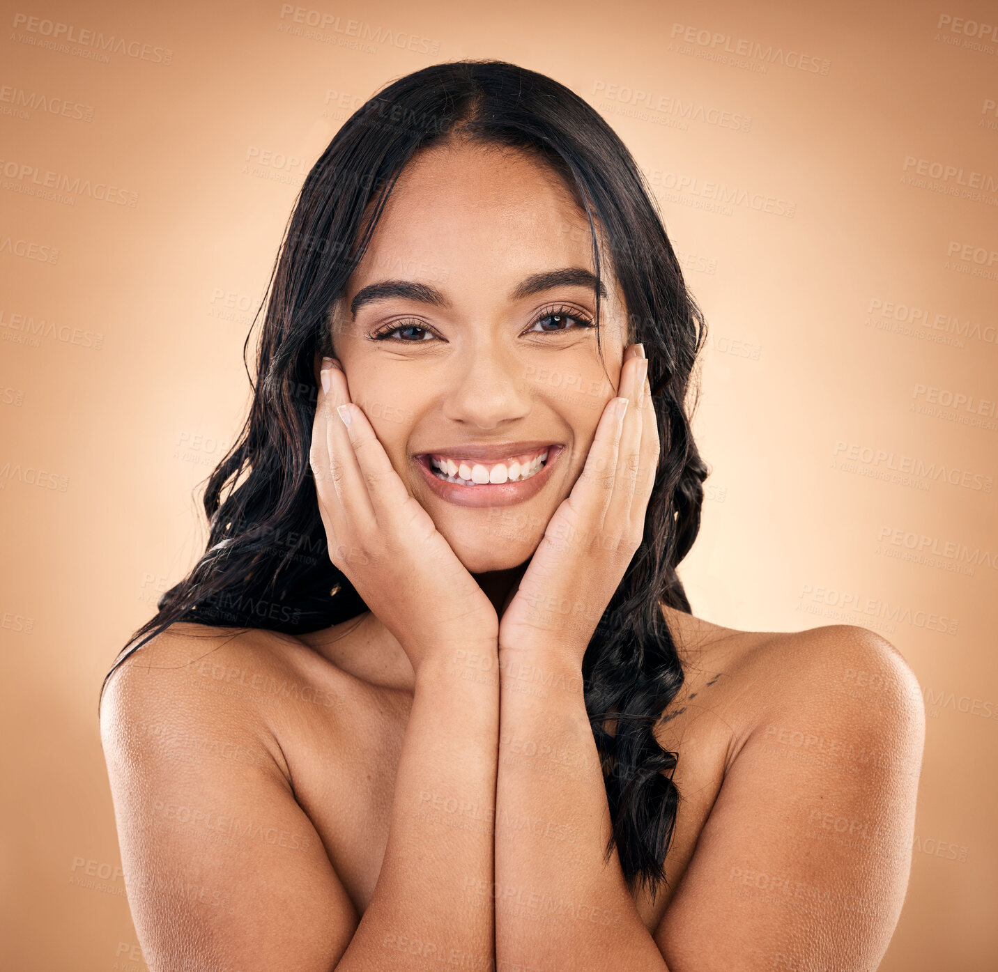 Buy stock photo Face, happy woman and skincare touch for beauty isolated on a brown background in studio. Portrait, natural cosmetics and smile of model with spa treatment for aesthetic, wellness and skin health.