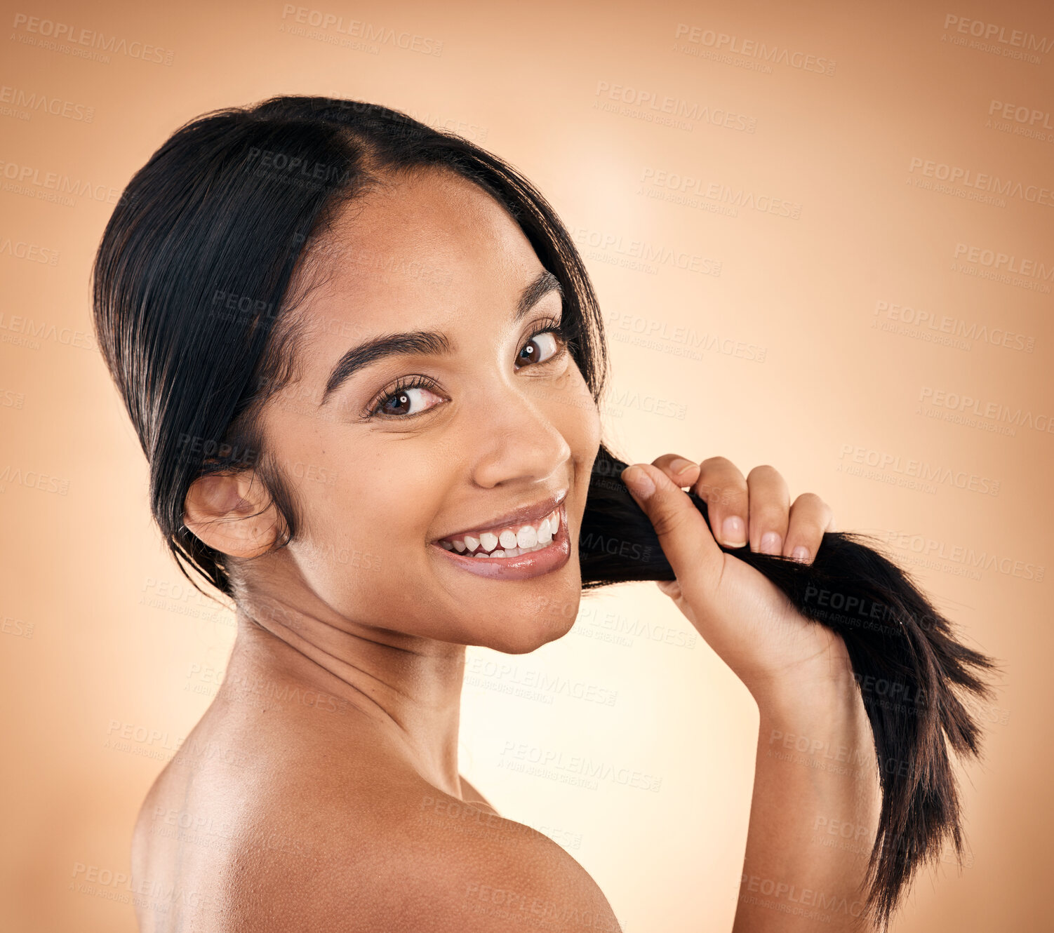 Buy stock photo Portrait, strong hair and beauty with a woman in studio on a brown background for shampoo treatment. Face, salon and haircare with a happy young female model looking confident about natural cosmetics