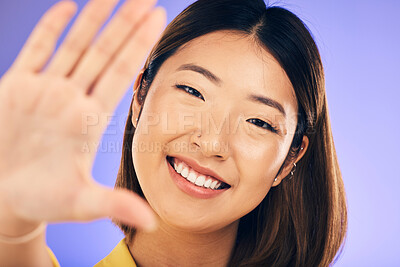 Buy stock photo High five, hand and portrait of woman with support, care or gesture for motivation, success and happiness in studio. Hands, palm and face of Asian model with smile, greeting or positive person