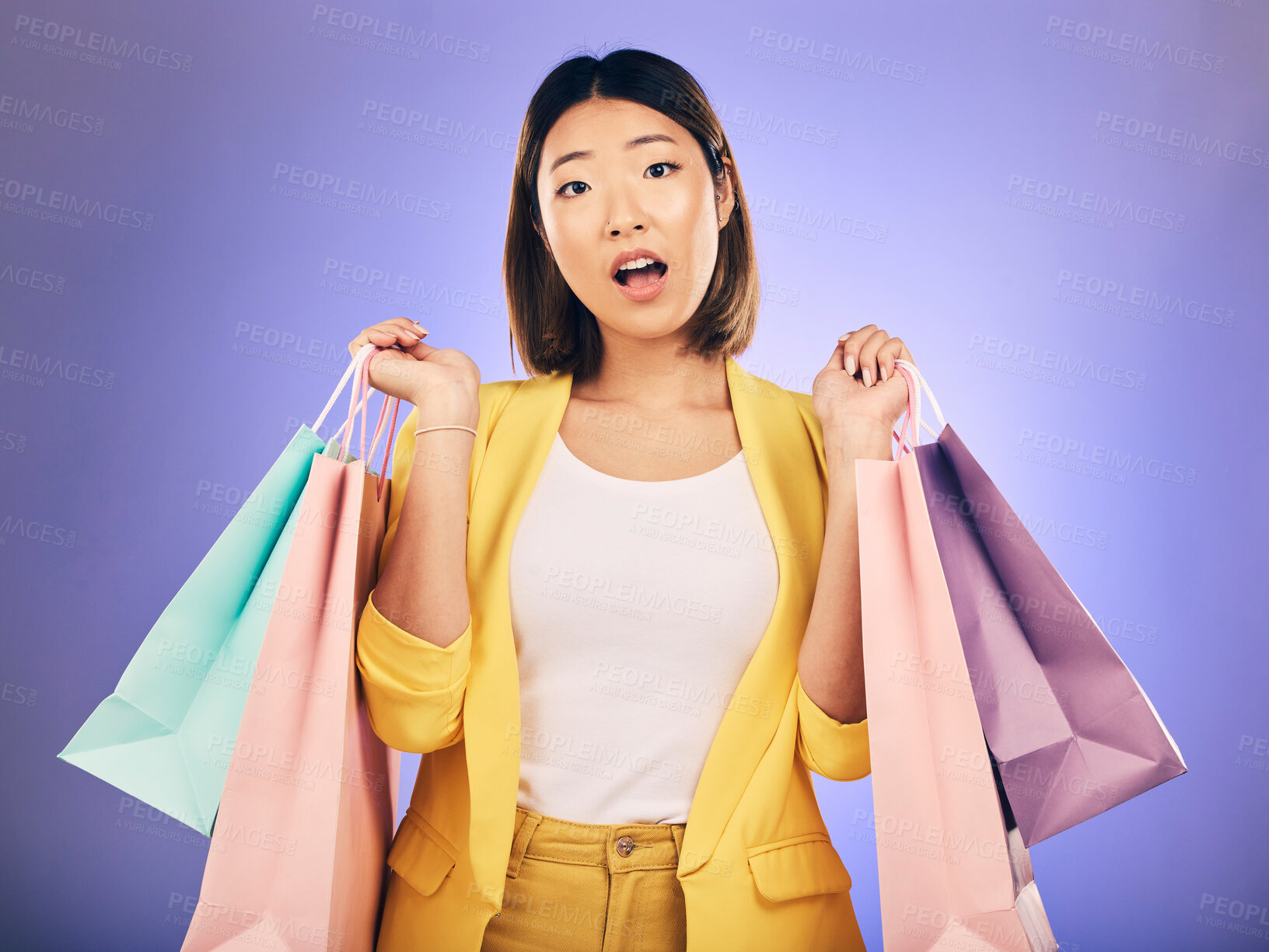 Buy stock photo Surprise, wow and portrait of woman with shopping bag from a sale, promotion or customer with deal on retail clothing. Face, Asian model with shock, emoji or crazy discount on luxury product or store
