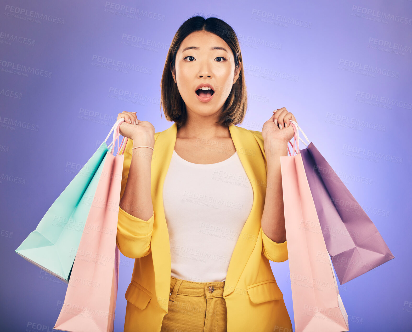 Buy stock photo Wow, surprise and portrait of woman with shopping bag from a sale, promotion or customer with deal on retail clothing. Face, Asian model with shock, emoji or crazy discount on luxury product or store