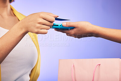 Buy stock photo Card machine, shopping and woman hands at POS, online payment and digital service or fashion fintech. Retail credit, bag and cashier, customer or people, point of sale on studio or purple background