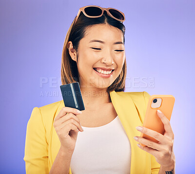 Buy stock photo Woman, phone and credit card of e commerce, online shopping or fintech payment on studio purple background. Fashion sale and happy asian person on internet banking, subscription or mobile transaction