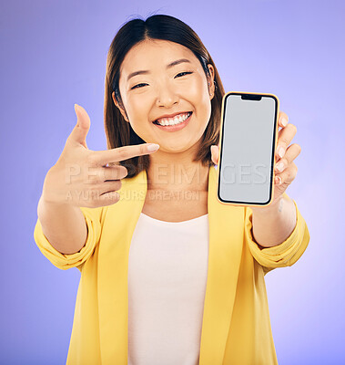 Buy stock photo ??Phone screen, portrait and woman with mockup presentation, marketing and social media information. Happy asian person with mobile space for contact and ui or ux design on studio, purple background