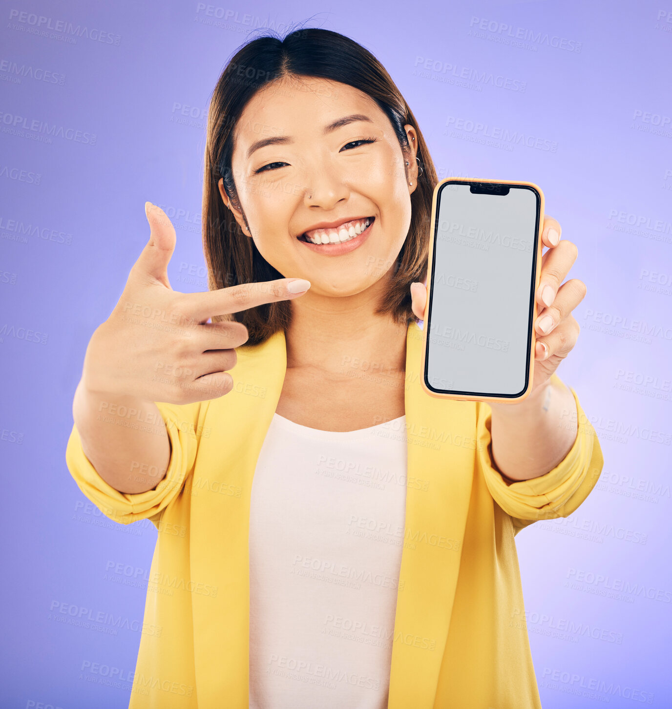 Buy stock photo ??Phone screen, portrait and woman with mockup presentation, marketing and social media information. Happy asian person with mobile space for contact and ui or ux design on studio, purple background