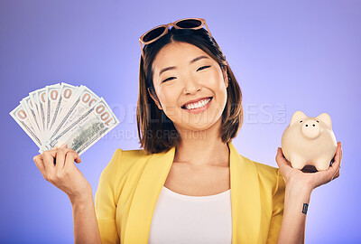 Buy stock photo Piggy bank, portrait and woman with money savings, financial investment and profit, increase or budget success. Asian person with banking notes, cash and safe or container on studio purple background