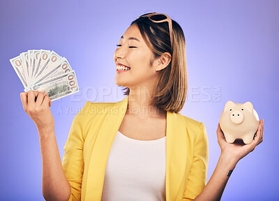 Buy stock photo Piggy bank, money and woman with savings, financial investment and profit, increase or budget success. Excited Asian person with banking notes, cash and safe or container on studio purple background
