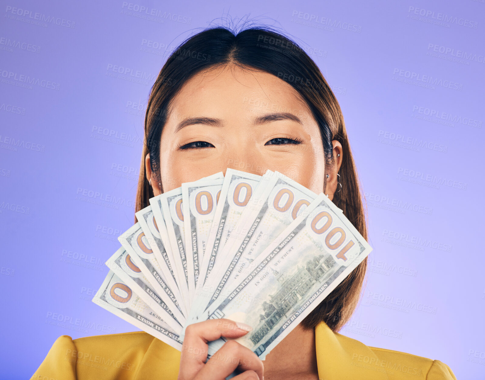 Buy stock photo Money, beauty and woman cover face on purple studio background for winning, cash fan or financial prize. Lottery, bank and asian person or winner bonus, cosmetics secret or finance profit in portrait