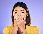 Hands, face and woman with shock or stress in crisis, accident or mistake in business, startup or fail in professional career. Surprise, announcement and Asian businesswoman with fear or anxiety
