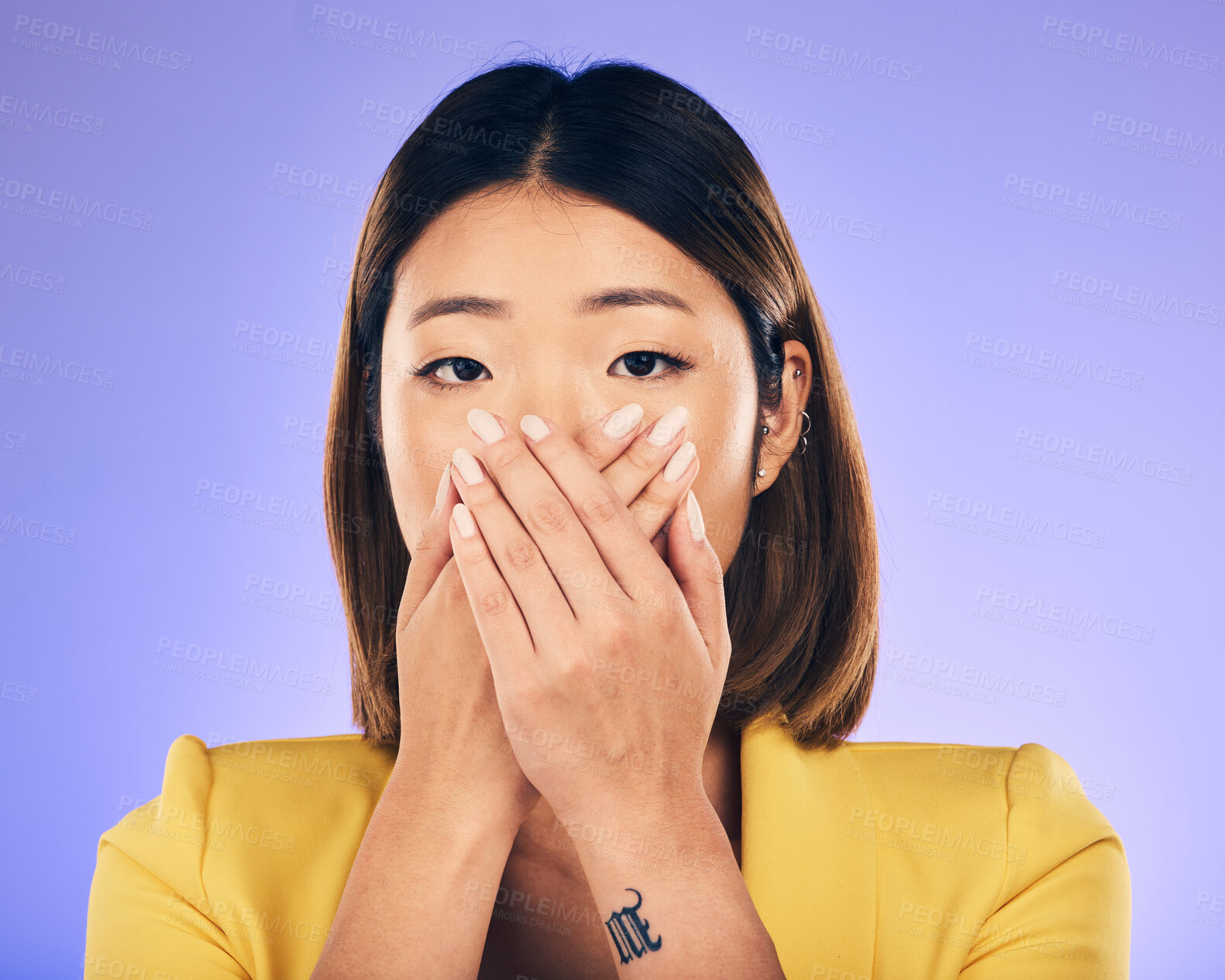 Buy stock photo Hands, face and woman with shock or stress in crisis, accident or mistake in business, startup or fail in professional career. Surprise, announcement and Asian businesswoman with fear or anxiety