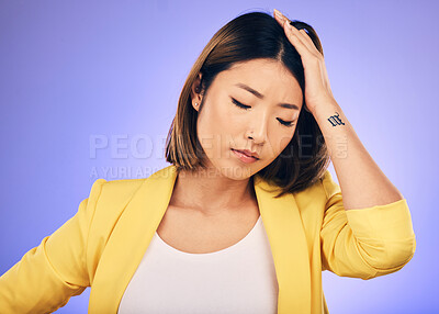 Buy stock photo Anxiety, thinking and woman with stress in crisis, accident or mistake in business, startup or fail in professional career. Frustrated, face and `sad Asian businesswoman with hand, decision or choice