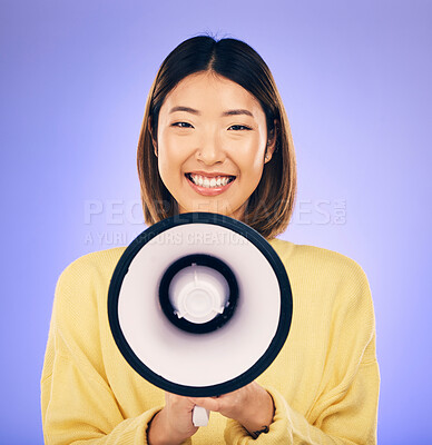 Buy stock photo Woman, megaphone and happy portrait in studio for announcement, voice or broadcast. Face of a young asian female speaker with a loudspeaker for communication, message or speech on purple background