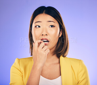 Buy stock photo Anxiety, thinking and woman with stress in crisis, accident or mistake in business, startup or choice in professional career. Hand, face and Asian businesswoman to think of solution and decision