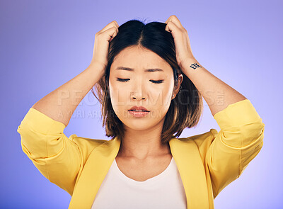 Buy stock photo Thinking, anxiety and woman with stress in crisis, accident or mistake in business, startup or fail in professional career. Frustrated, face and `sad Asian businesswoman with hand, decision or choice
