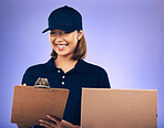 Woman sign paperwork, clipboard and delivery with box, shipping invoice and ecommerce on purple background. Supply chain, female worker with checklist and signature, package and courier service