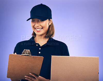 Buy stock photo Woman sign paperwork, clipboard and delivery with box, shipping invoice and ecommerce on purple background. Supply chain, female worker with checklist and signature, package and courier service