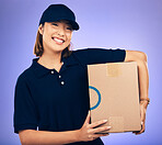 Delivery, box and woman, shipping and portrait, smile with e commerce and supply chain on purple background. Female employee, logistics and supplier with cardboard package, courier service and export