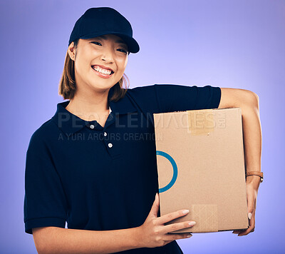 Buy stock photo Delivery, box and woman, shipping and portrait, smile with e commerce and supply chain on purple background. Female employee, logistics and supplier with cardboard package, courier service and export