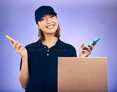Buy stock photo Courier, box and phone in studio portrait with smile, communication and e commerce by purple background. Happy Japanese woman, smartphone and package with delivery app, supply chain and logistics 