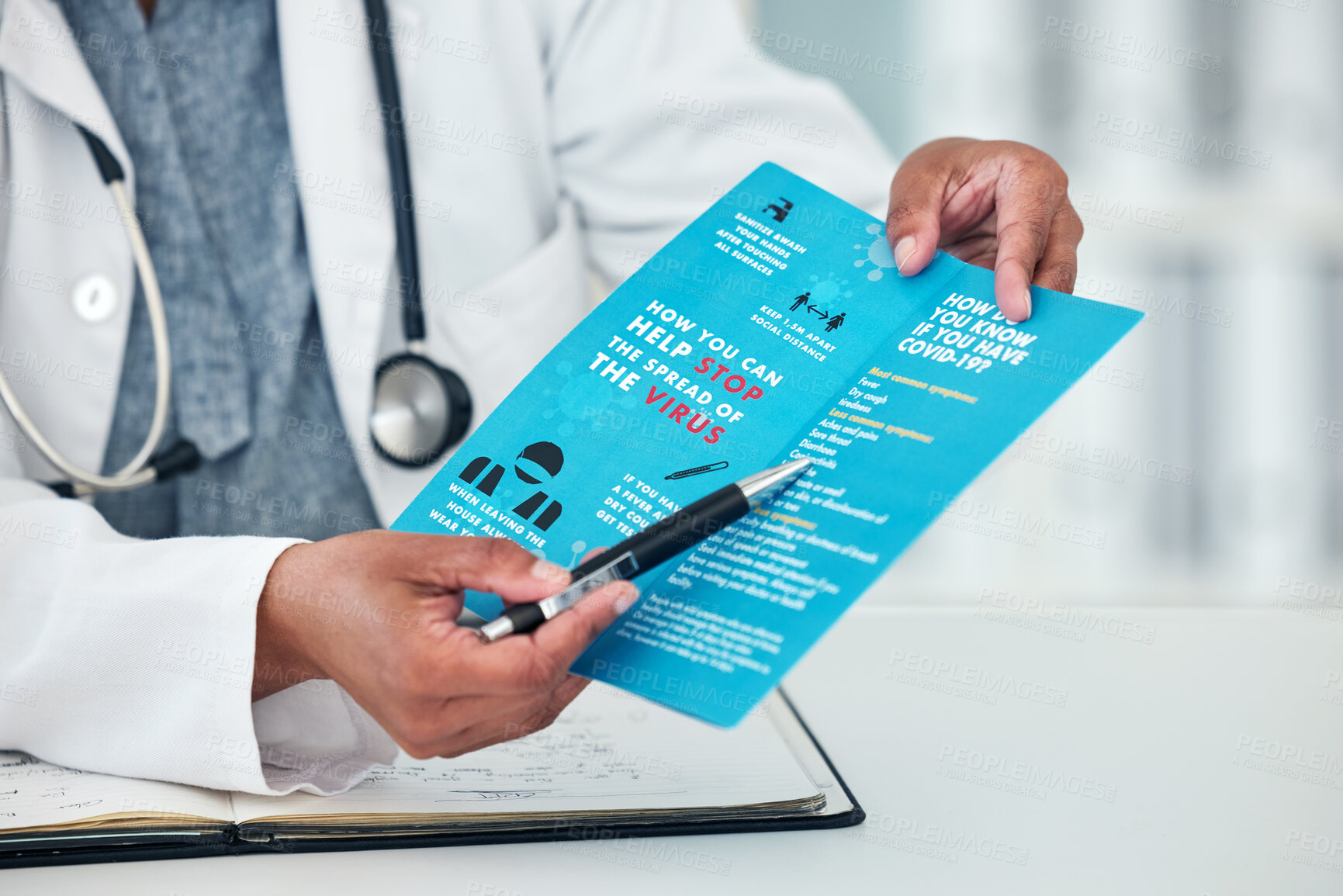 Buy stock photo Doctor, hands and covid documents for healthcare, safety or information for advice or consultation at hospital. Person or medical professional show pamphlet, paper or poster for life insurance 
