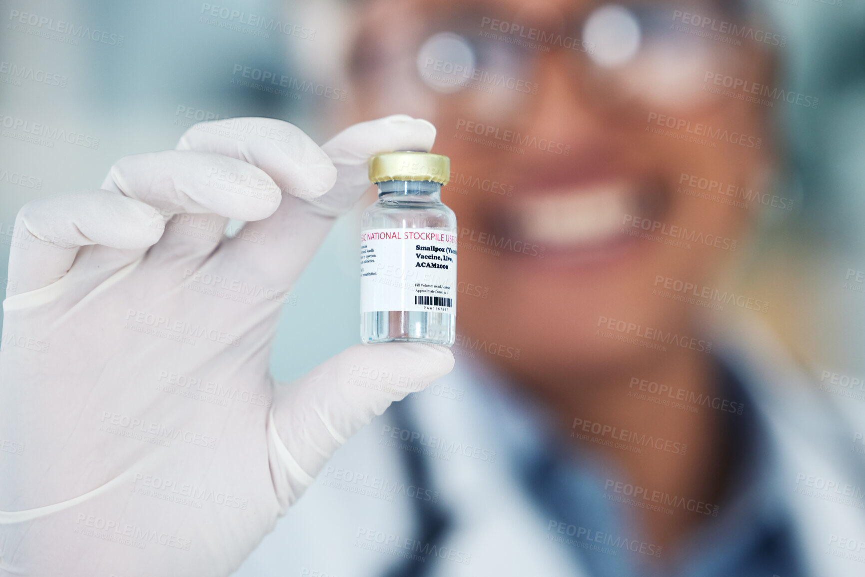Buy stock photo Healthcare, hands and vaccine and medicine bottle with doctor in blurry background. Innovation, vaccination and medical professional with container for treatment for prevention or cure for smallpox.