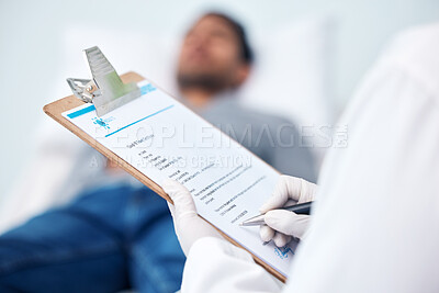 Buy stock photo Clipboard, hands and doctor with medical report for a patient on a hospital or clinic bed for healthcare treatment. Diagnosis, prescription and medicine employee or worker writing exam for insurance