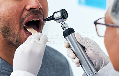 Buy stock photo Medical, consulting and doctor with mouth of person and check for cancer, dentist or surgery. Medicine, healthcare and check up with closeup of woman and patient in clinic for wellness, virus or exam