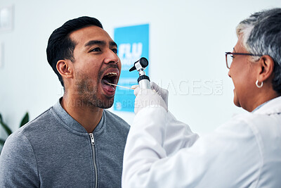 Buy stock photo Medical, consulting and doctor with person and throat in hospital for cancer, dentist and surgery. Medicine, healthcare and check up with woman and patient in clinic for wellness, virus and oral exam