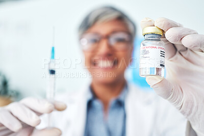 Buy stock photo Hands, vaccine and woman doctor in hospital with medical, innovation or cure for smallpox in closeup. Vaccination, vial and health expert with syringe for healthcare, injection or covid treatment