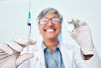 Vaccine, hands and woman doctor in hospital with medical, innovation or cure on blurred background. Vaccination, vial and lady health expert with syringe for healthcare, injection or covid treatment