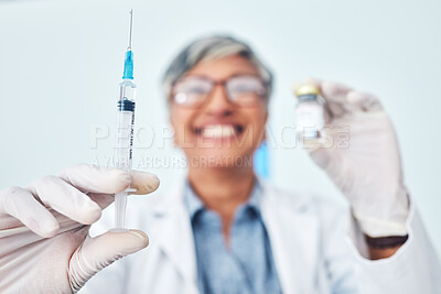 Buy stock photo Vaccine, hands and woman doctor in hospital with medical, innovation or cure on blurred background. Vaccination, vial and lady health expert with syringe for healthcare, injection or covid treatment