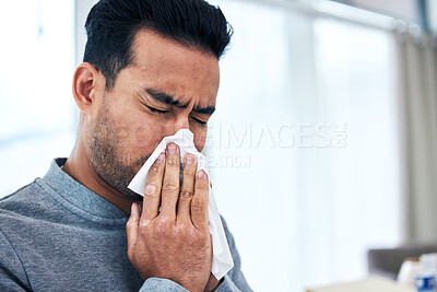 Buy stock photo Blowing nose, sick and man with tissue for allergies, hayfever and sinus problem at home. Healthcare, flu symptoms and male person sneeze with handkerchief for sinusitis infection, virus and illness