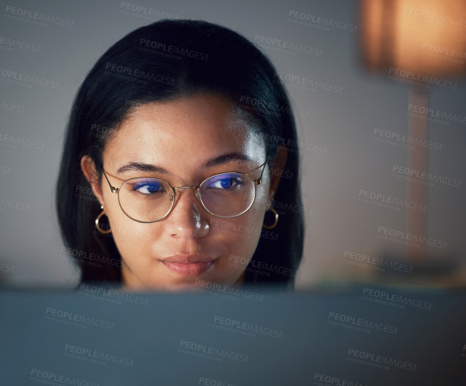 Buy stock photo Glasses, focus and woman journalist writing on a computer, online and social media news update or a serious blog. Face, internet and remote work for an employee working on a project or proposal