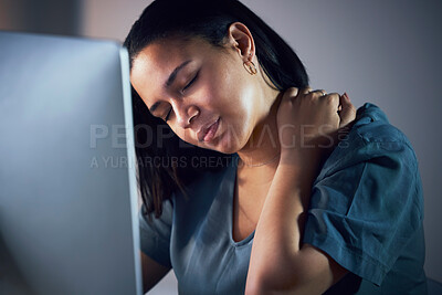 Buy stock photo Business woman, neck pain and night in stress, burnout or fatigue by computer at office. Frustrated, overworked and tired female person with sore shoulder, muscle or tension working late at workplace