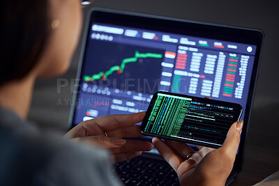 Buy stock photo Woman, hands and phone on stock market for trading, profit or financial increase or coding at night by the office. Female person, trader or broker on smartphone app for exchange or finance investment