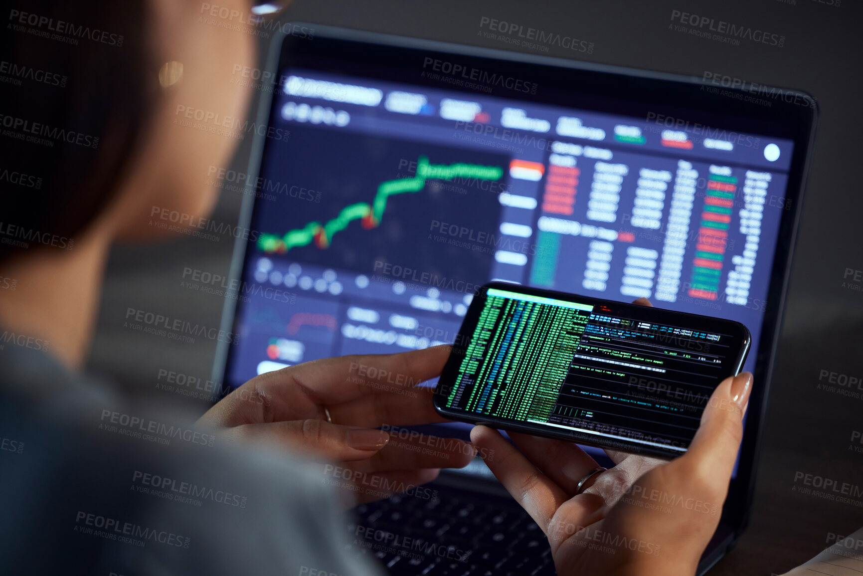 Buy stock photo Woman, hands and phone on stock market for trading, profit or financial increase or coding at night by the office. Female person, trader or broker on smartphone app for exchange or finance investment