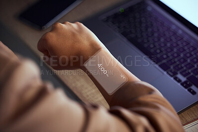 Buy stock photo Person, arm and hud at night for time, schedule or working late at the office by computer. Hand of employee checking digital wristwatch display, hologram or dashboard for appointment at the workplace