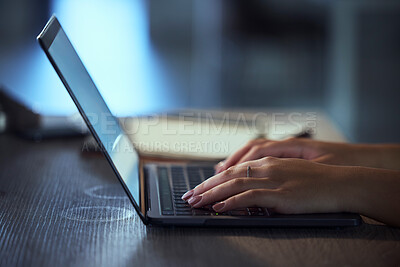 Buy stock photo Woman, hands and laptop at night typing email for communication, social media or browsing. Closeup of female person or journalist working late on computer for online chat, networking or copywriting