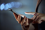 Woman, hands and phone at night for communication, social media or browsing in the city. Closeup of female person or employee working late on mobile smartphone app for online chatting or texting
