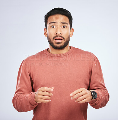 Buy stock photo Wtf, wow and portrait of asian man with surprise in studio for gossip, secret or drama on grey background. Omg, face and male person with emoji expression for terror, horror or shocking news or rumor