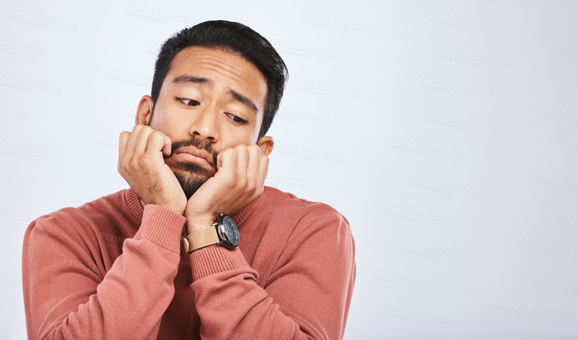 Buy stock photo Thinking, depression and sad asian man in studio for stress or broken heart, lonely or bored on grey background. Doubt, fear and face of male with anxiety, grief or trauma and mental health crisis