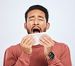 Allergy, sneeze and asian man is sick with tissue in studio with grey background with cold or sinus. Virus, allergies and male person with toilet paper for flu or problem with nose or congestion.